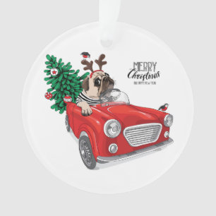 Merry Christmas Pug Driving Vintage Car Ornament