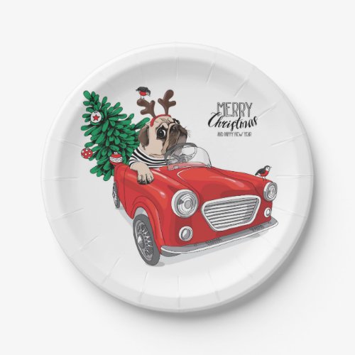 Merry Christmas  Pug Driving Vintage Car Paper Plates