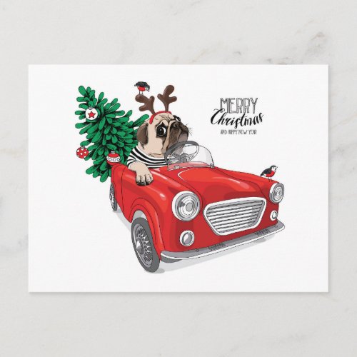 Merry Christmas  Pug Driving Vintage Car Postcard