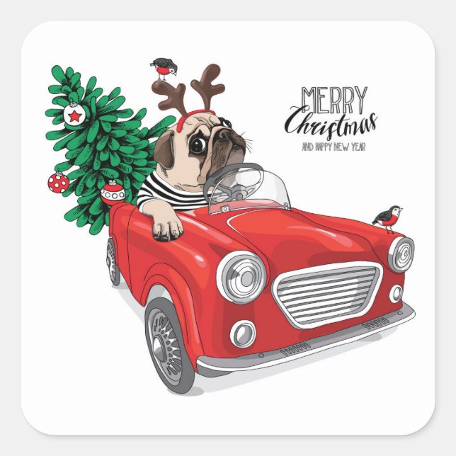 Merry Christmas | Pug Driving Vintage Car Square Sticker (Front)