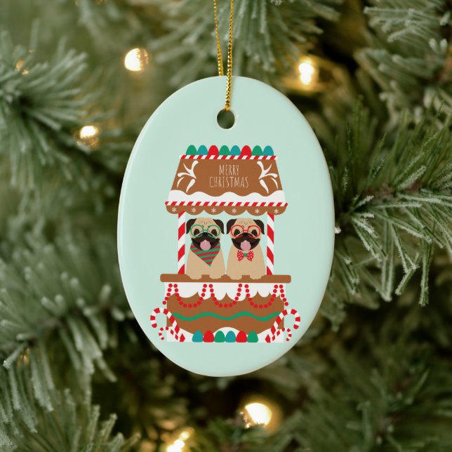Merry Christmas Pug Holiday Stand Dogs Ceramic Ornament (Tree)
