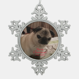 Merry Christmas Pug Insert Your pet photo Snowflake Pewter Christmas Ornament