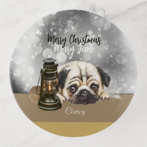 Merry Christmas Pug lover gray_brown custom name Trinket Tray