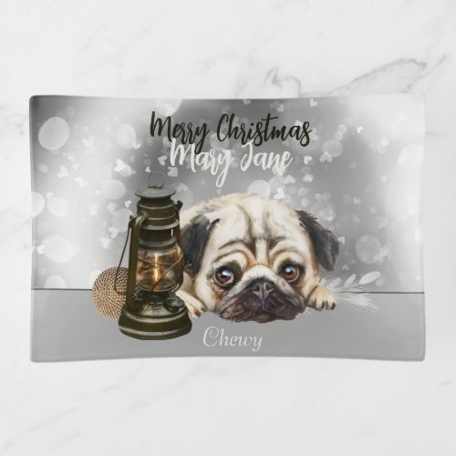 Merry Christmas Pug lover gray_silver custom name Trinket Tray