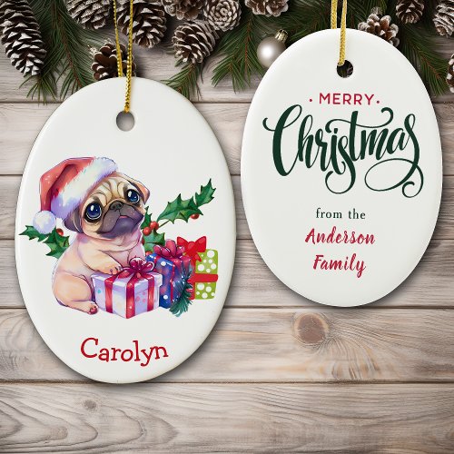 Merry Christmas Pug Puppy Christmas Ceramic Ornament