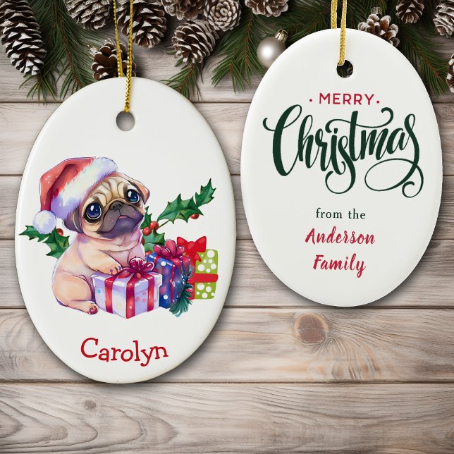 Merry Christmas Pug Puppy Christmas Ceramic Ornament (Creator Uploaded)
