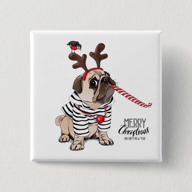 Merry Christmas | Pug Reindeer Button (Front)