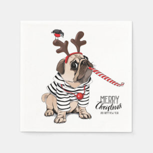 Merry Christmas Pug Reindeer Napkins