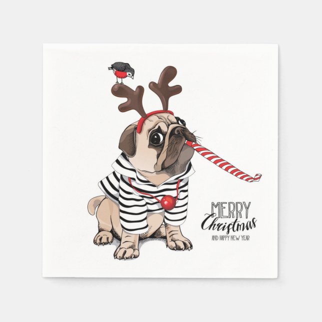 Merry Christmas | Pug Reindeer Napkins (Front)