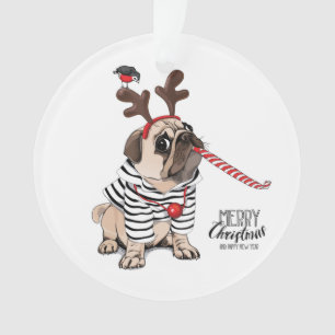 Merry Christmas Pug Reindeer Ornament
