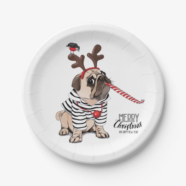 Merry Christmas | Pug Reindeer Paper Plates (Front)