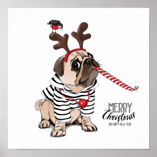 Merry Christmas  Pug Reindeer Poster