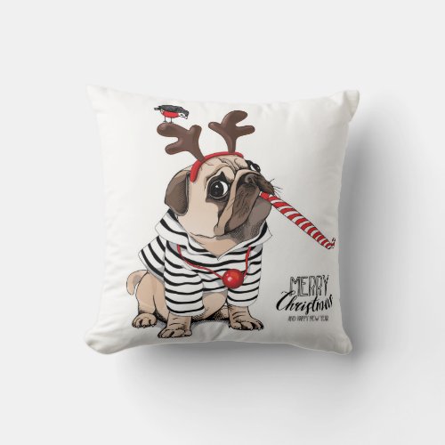 Merry Christmas  Pug Reindeer Throw Pillow