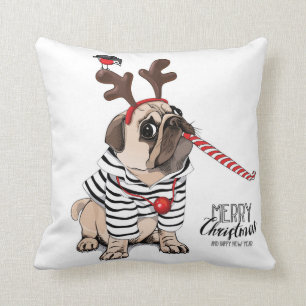 Merry Christmas Pug Reindeer Throw Pillow