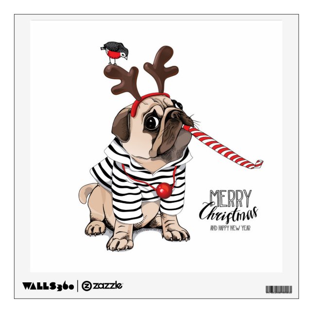 Merry Christmas | Pug Reindeer Wall Decal (Front)