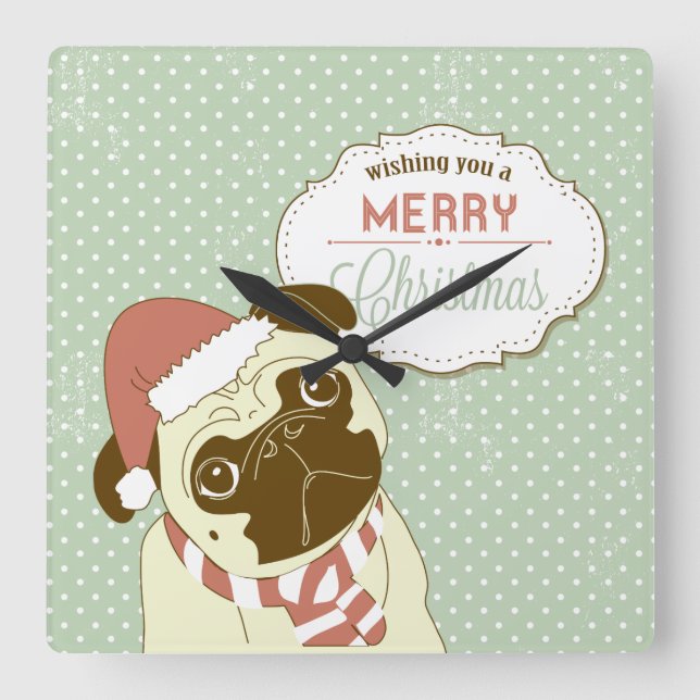 Merry Christmas Pug Square Wall Clock (Front)