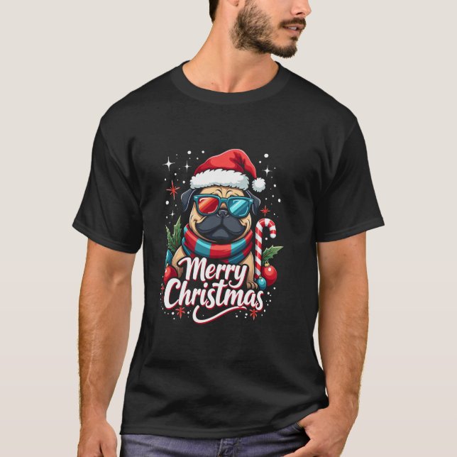 Merry Christmas Pug Sunglasses Santa hat Xmas Dog  T-Shirt (Front)