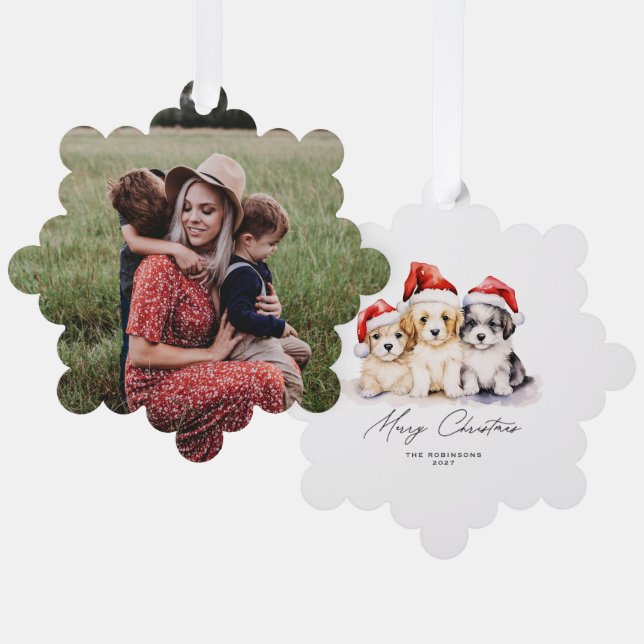 Merry Christmas Puppies Ornament Card (Front/Back)
