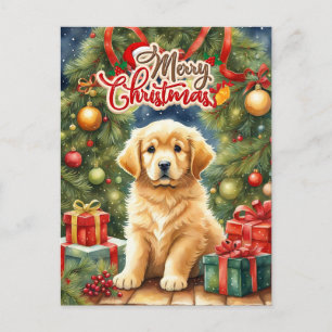 Merry Christmas Puppy and Christmas Tree Holiday Postcard