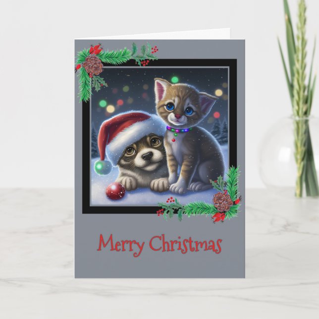 Merry Christmas Puppy and Kitten Greeting Card (Front)