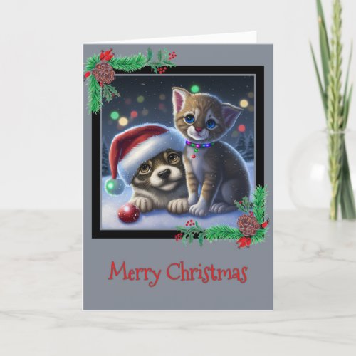 Merry Christmas Puppy and Kitten Greeting Card