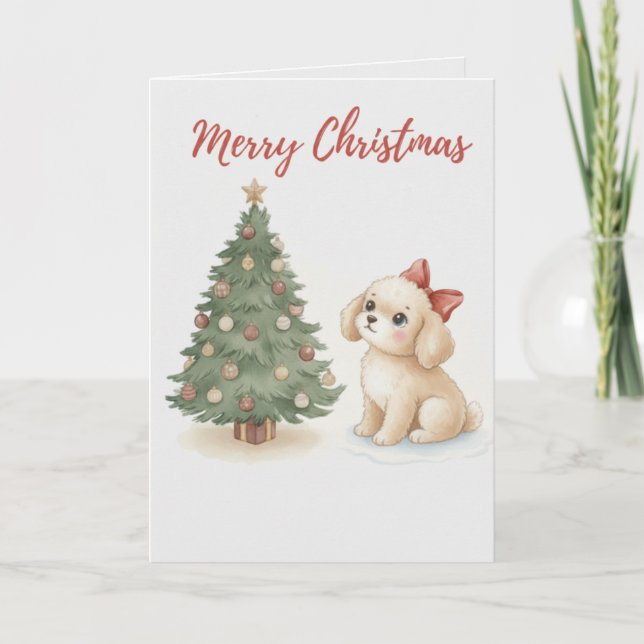 Merry Christmas Puppy Card Fluffy Dog with Tree (Front)