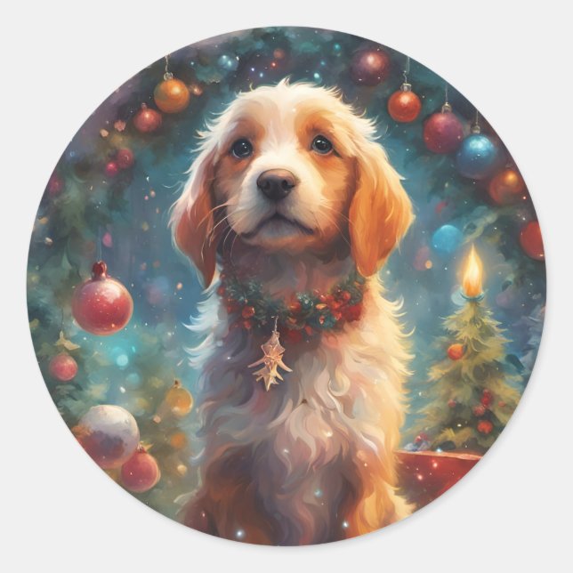 Merry Christmas Puppy Dog, Holiday Pet  Classic Round Sticker (Front)