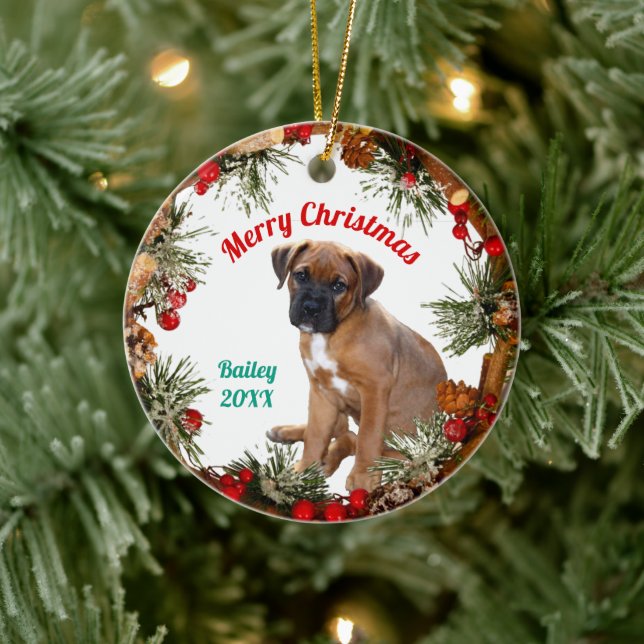 Merry Christmas Puppy Dog Personalized Ceramic Ornament (Tree)