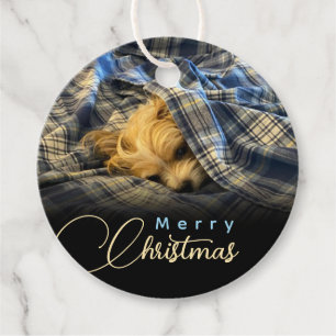 Merry Christmas Puppy Photo Plaid Blanket Favor Tags