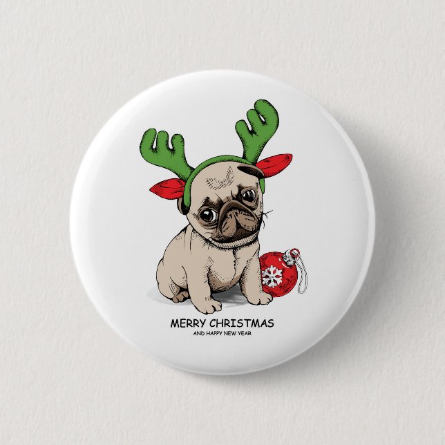 Merry Christmas Puppy Pug Button (Front)