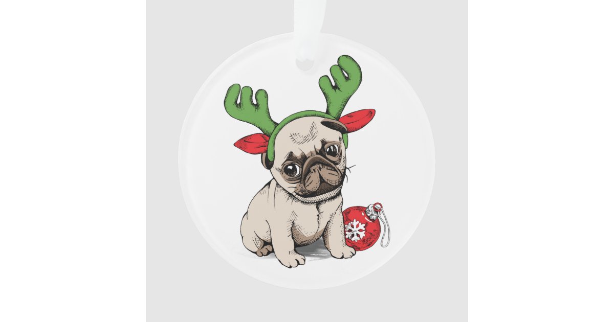 Merry Christmas Puppy Pug Ornament | Zazzle