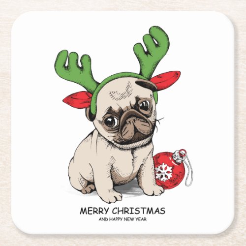 Merry Christmas Puppy Pug Square Paper Coaster