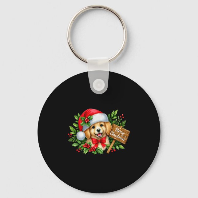 Merry Christmas Puppy Santa Hat Holly Sign Premium Keychain (Front)