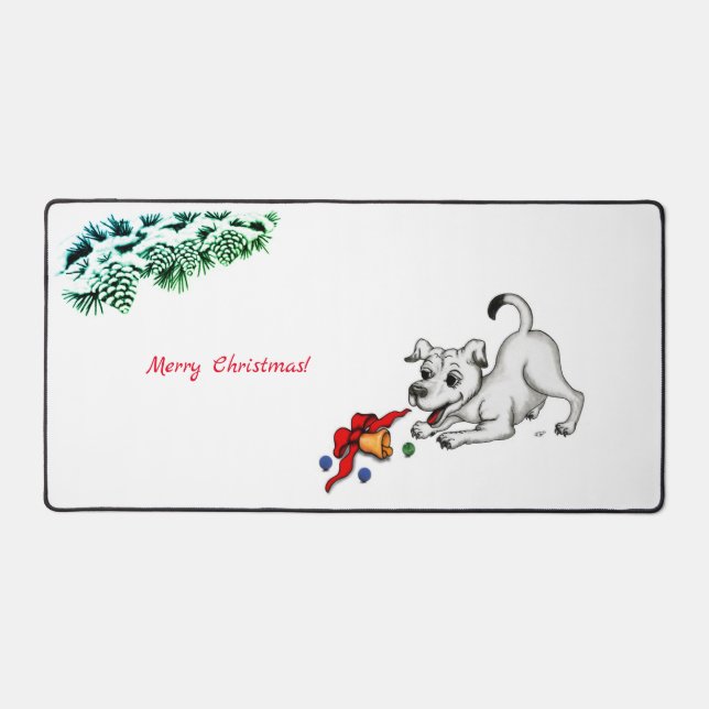 Merry Christmas! Puppy with Bell and Ball Desk Mat (Front)