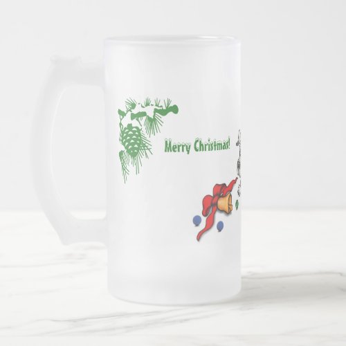 Merry Christmas Puppy with Bell and Ball Frosted Glass Beer Mug