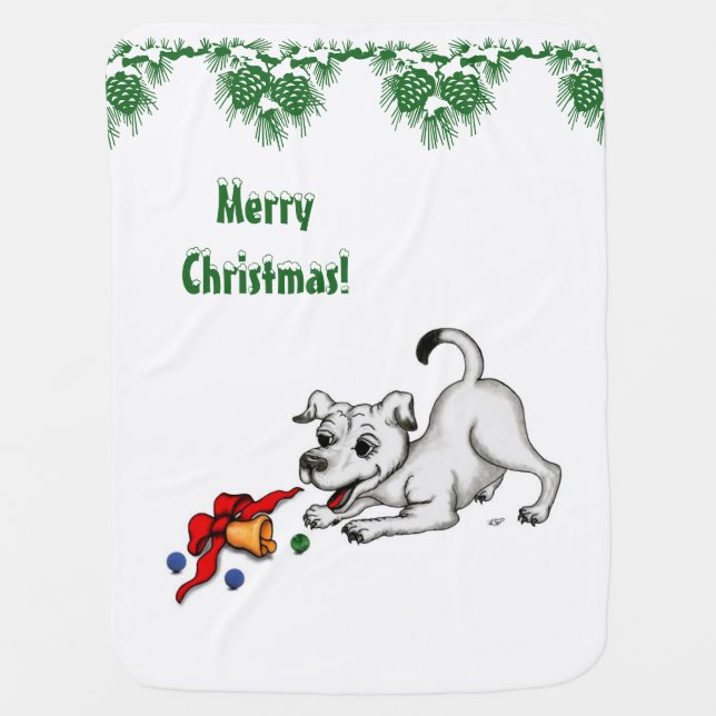 Merry Christmas! Puppy with Bell and Ball Swaddle Blanket (Front)