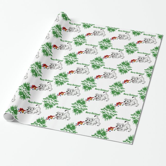 Merry Christmas! Puppy with Bell and Ball Wrapping Paper (Unrolled)