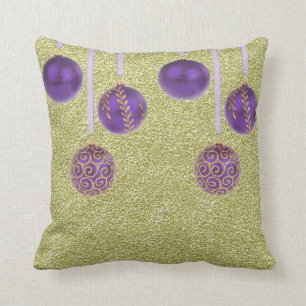 Merry Christmas Purple Baubles Glitter Gold Pillow