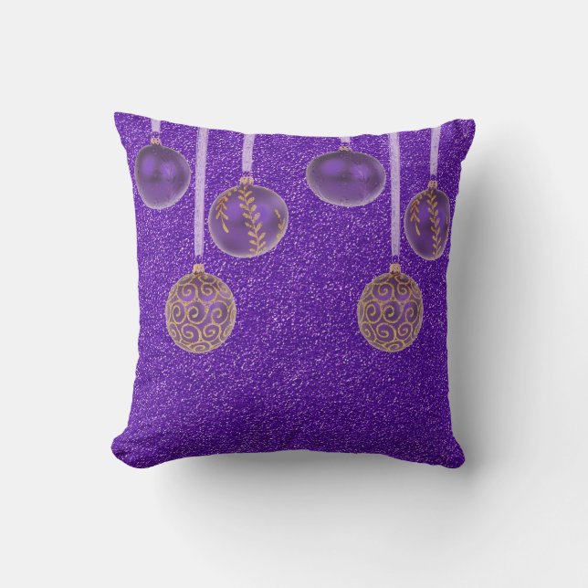 Merry Christmas Purple Baubles Glitter Gold Pillow (Front)