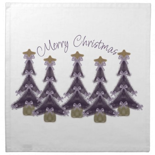 Merry Christmas Purple Bows Ribbons Gold Star Tree Cloth Napkin