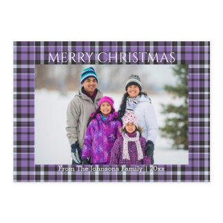 merry christmas purple chic tartan family photo    holiday card