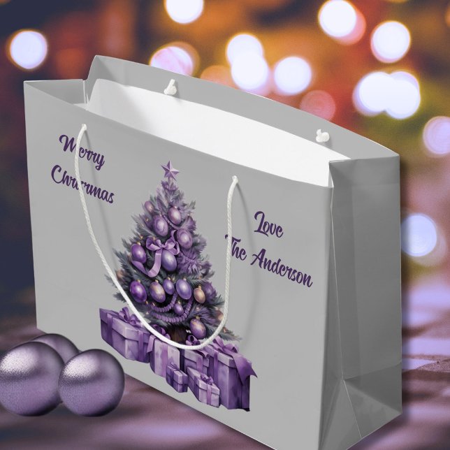 Merry Christmas purple Christmas tree Large Gift Bag (Nostalgic customizable large Christmas Bag )