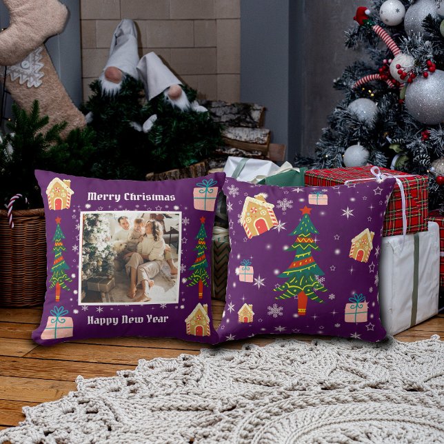 Merry Christmas Purple Family Photo  Throw Pillow (Creator Uploaded)