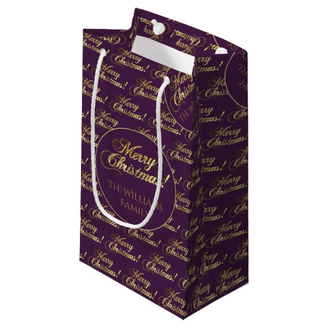 Merry Christmas Purple Faux Gold Foil Script Small Gift Bag (Front Angled)