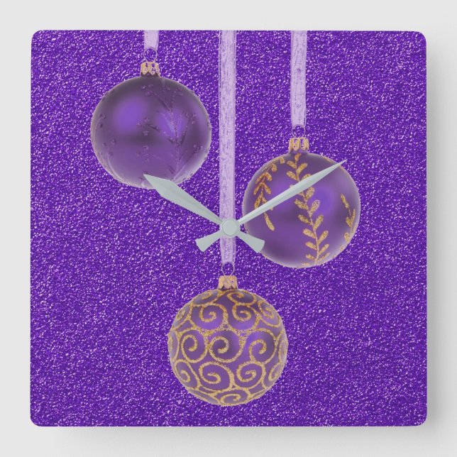 Merry Christmas Purple Glitter Baubles Elegant Square Wall Clock (Front)