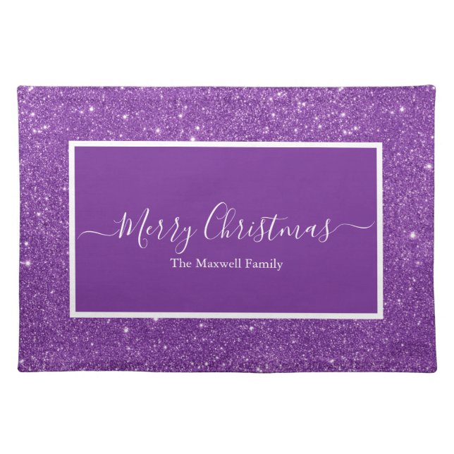 Merry Christmas purple glitter family name  Cloth Placemat (Front)