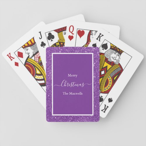 Merry Christmas purple glitter family name Playing Cards