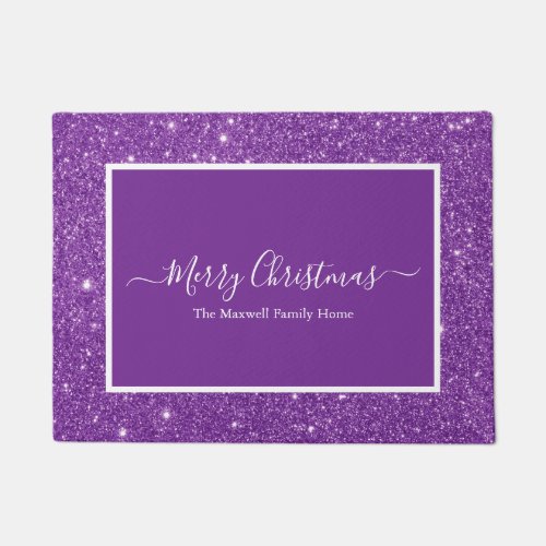 Merry Christmas purple glitter white family name Doormat