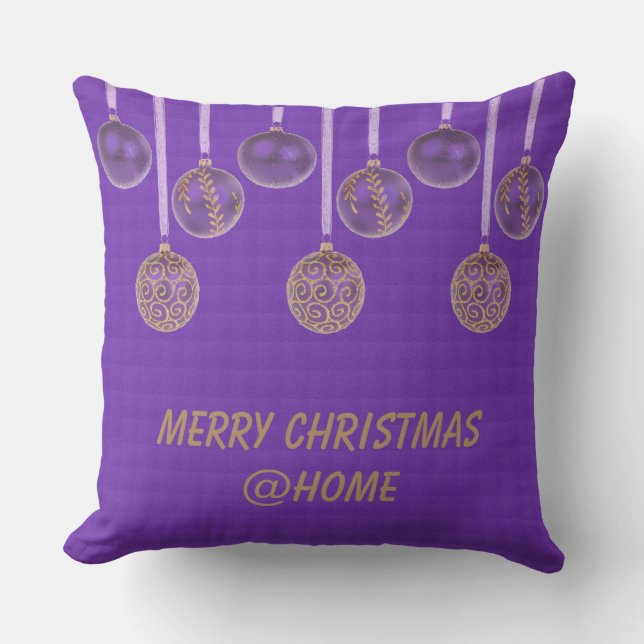 Merry Christmas Purple Gold Glitter Baubles Text Outdoor Pillow (Front)