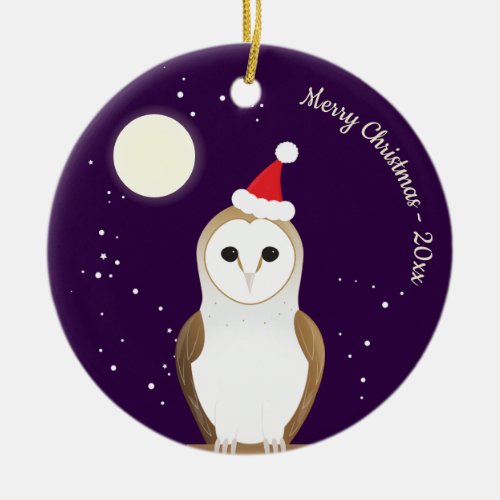 Merry Christmas Purple Night Barn Owl Santa Hat Ceramic Ornament